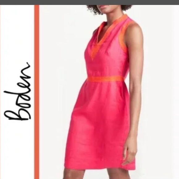 Boden Sleeveless Pink Linen Notch Neck Dress With Pockets - Picture 2 of 10